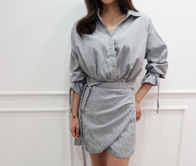 New Striped Shirt Wrap One Piece Mini Date Look Fe