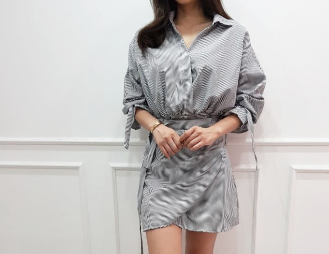 New Striped Shirt Wrap One Piece Mini Date Look Fe