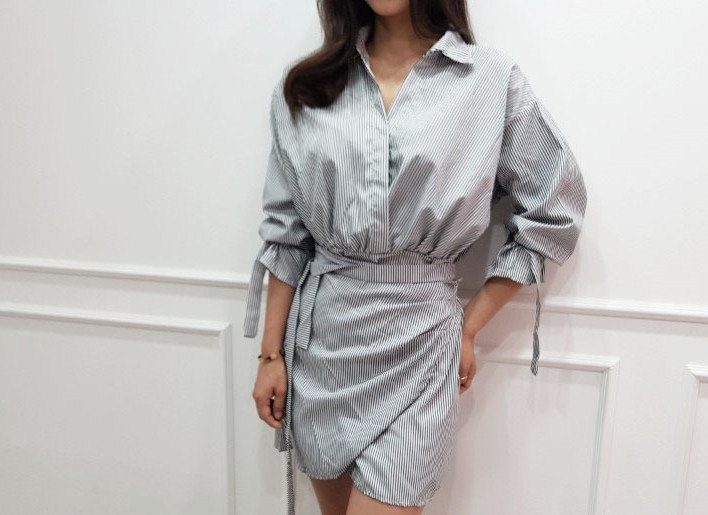 New Striped Shirt Wrap One Piece Mini Date Look Fe