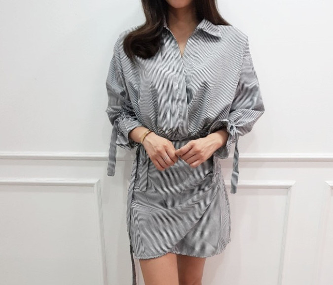 New Striped Shirt Wrap One Piece Mini Date Look Fe