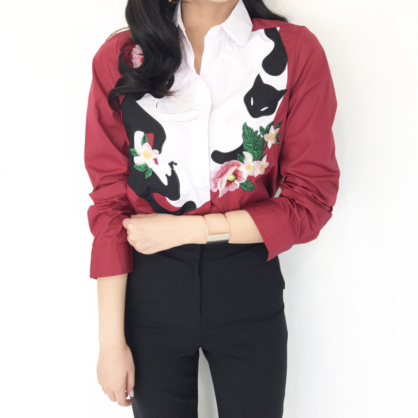 Cat coloring shirt Striped Wine Color Embroidery F