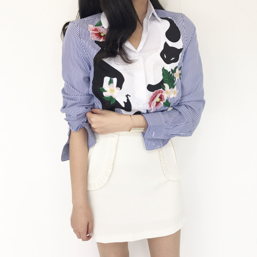 Cat coloring shirt Striped Wine Color Embroidery F