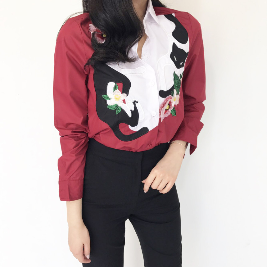 Cat coloring shirt Striped Wine Color Embroidery F