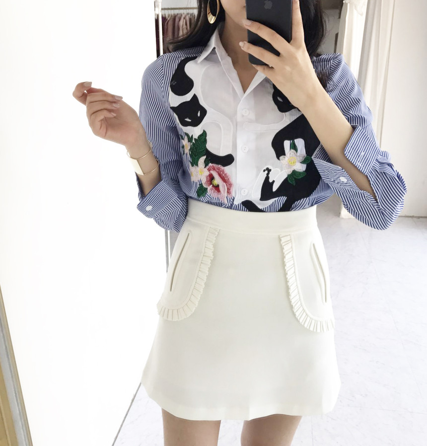 Cat coloring shirt Striped Wine Color Embroidery F