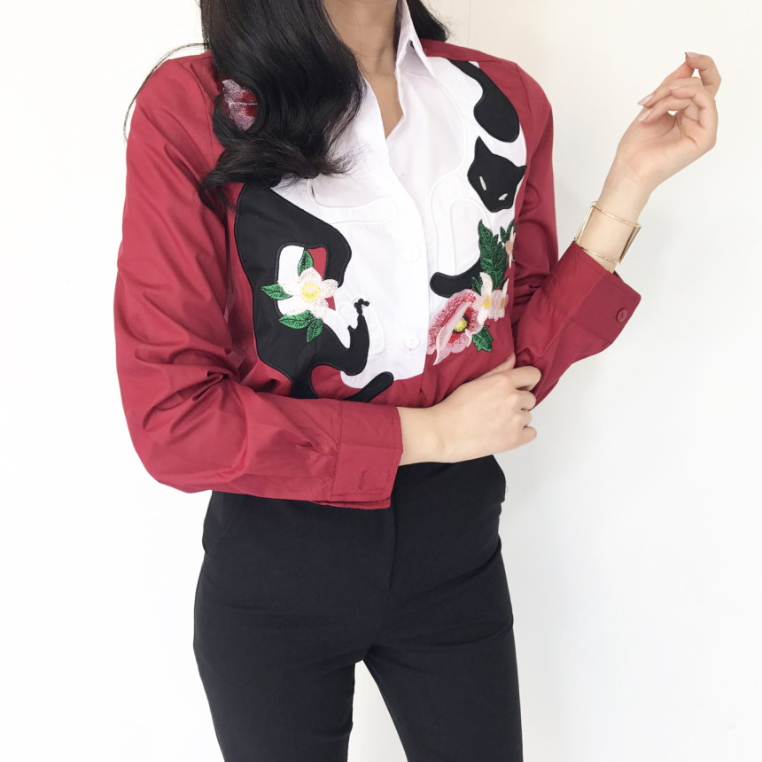 Cat coloring shirt Striped Wine Color Embroidery F