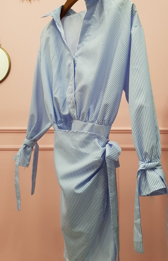 New Striped Shirt Wrap One Piece Mini Date Look Fe