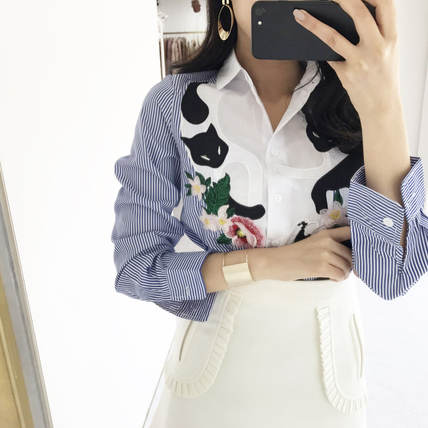 Cat coloring shirt Striped Wine Color Embroidery F