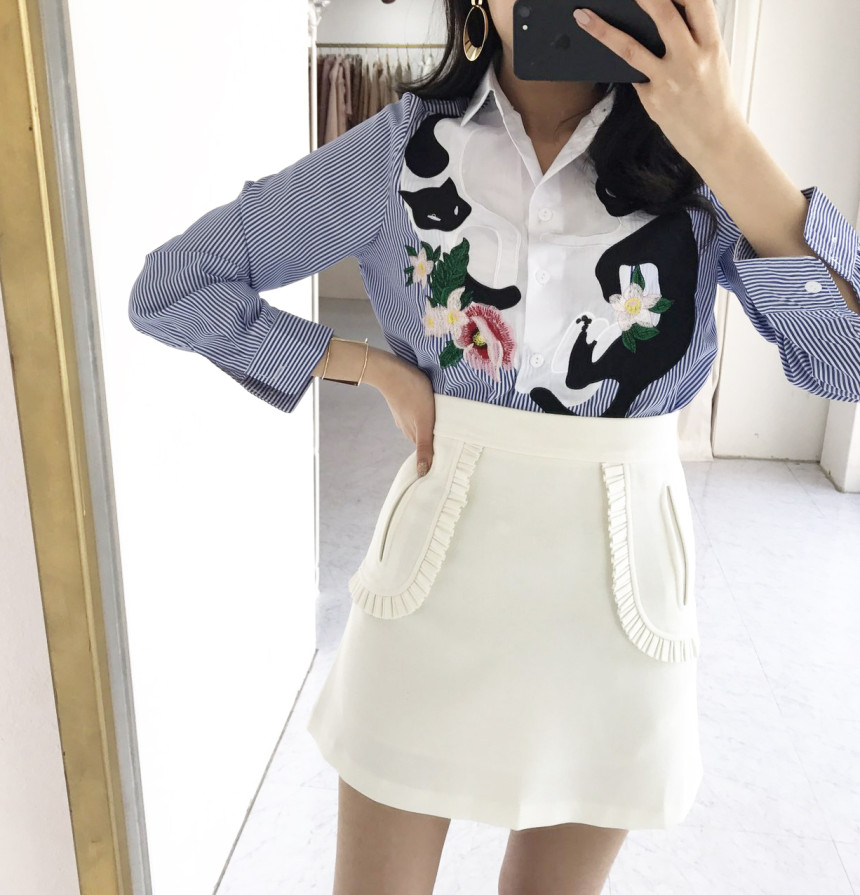 Cat coloring shirt Striped Wine Color Embroidery F