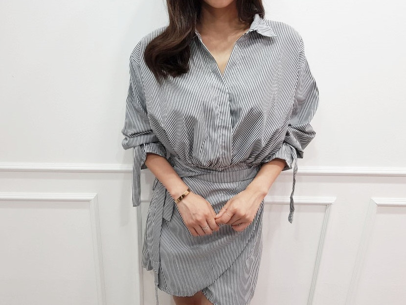 New Striped Shirt Wrap One Piece Mini Date Look Fe