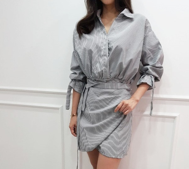 New Striped Shirt Wrap One Piece Mini Date Look Fe