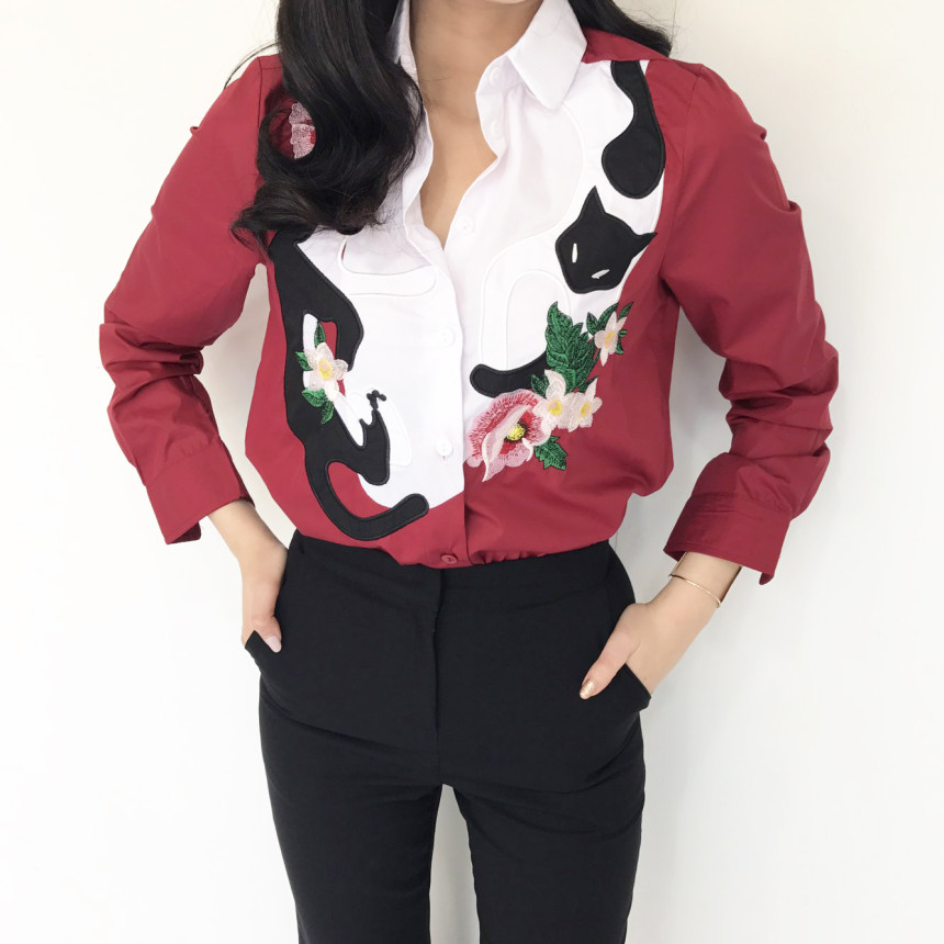 Cat coloring shirt Striped Wine Color Embroidery F