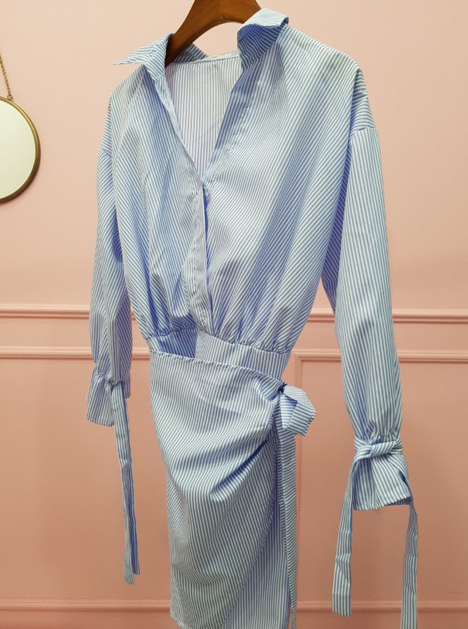 New Striped Shirt Wrap One Piece Mini Date Look Fe