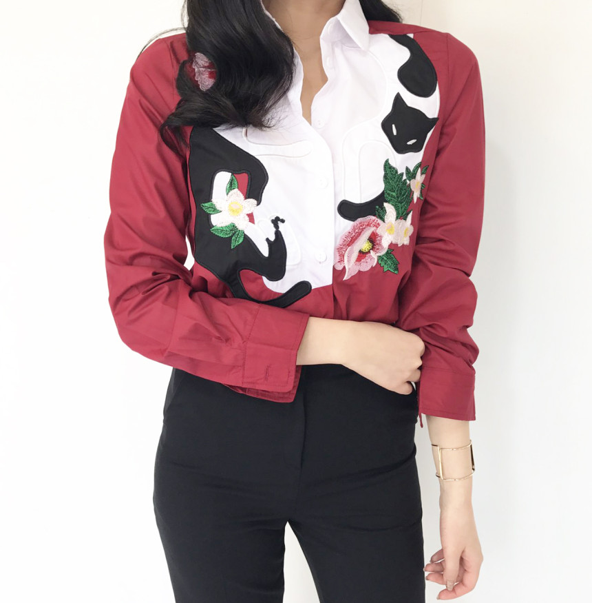 Cat coloring shirt Striped Wine Color Embroidery F