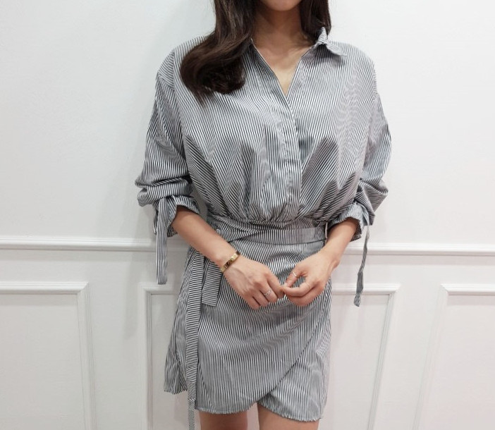 New Striped Shirt Wrap One Piece Mini Date Look Fe