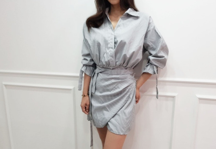 New Striped Shirt Wrap One Piece Mini Date Look Fe