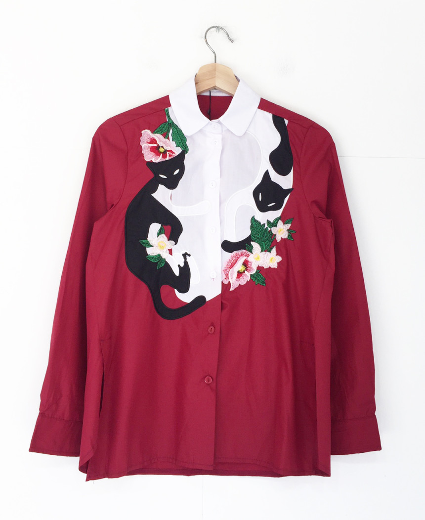 Cat coloring shirt Striped Wine Color Embroidery F