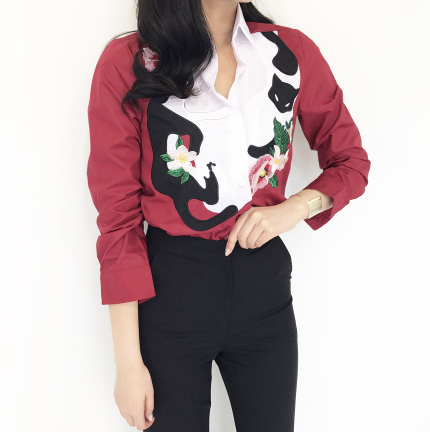 Cat coloring shirt Striped Wine Color Embroidery F