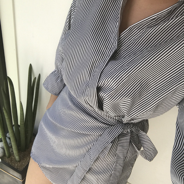 New V Neck Stripe Shirt Wrap Dress Black Mini Autu
