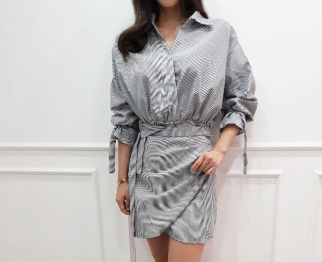 New Striped Shirt Wrap One Piece Mini Date Look Fe