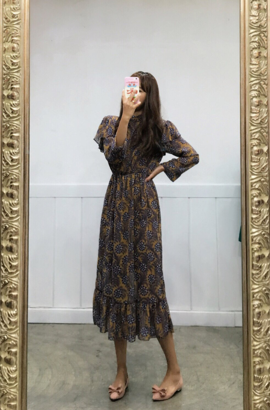 Free Shipping Autumn Flower Chiffon Long Dress 2CO