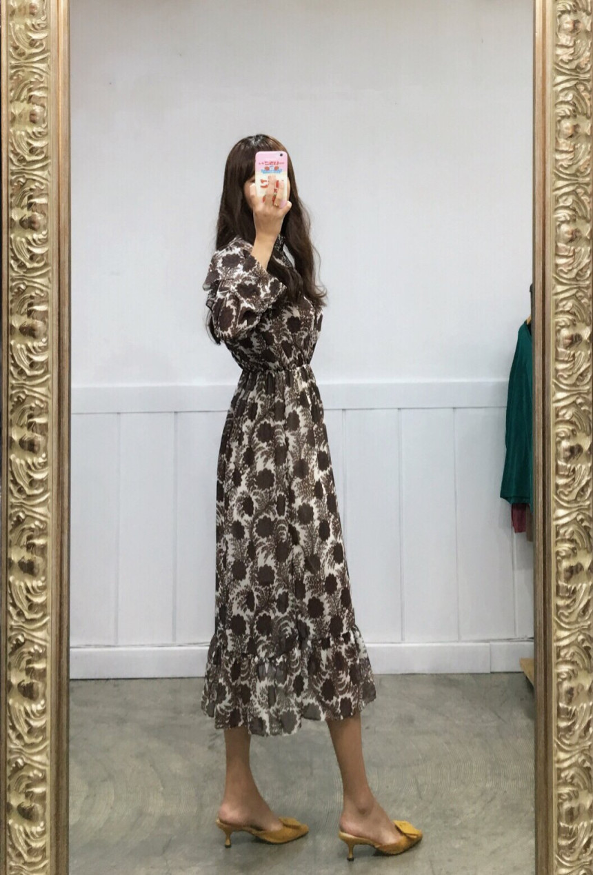 Free Shipping Autumn Flower Chiffon Long Dress 2CO