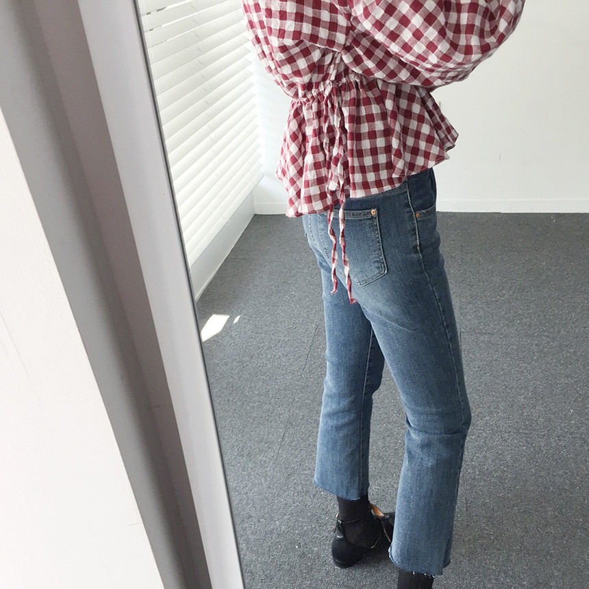 Women Blouses Check Shot Blouse V Neck Ruff Waist 