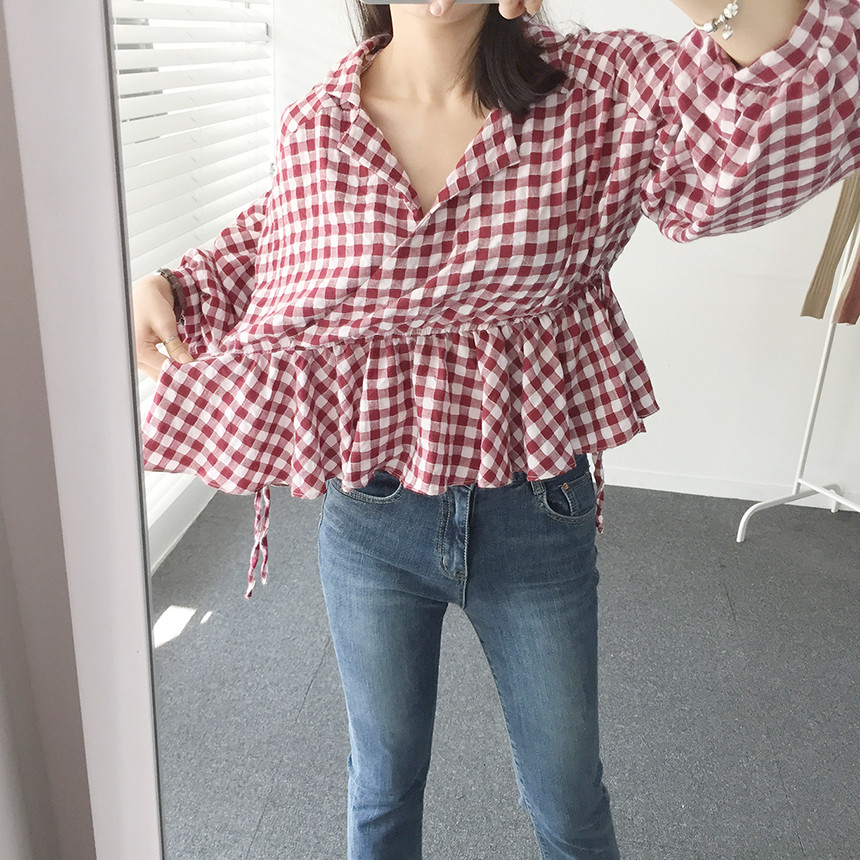 Women Blouses Check Shot Blouse V Neck Ruff Waist 