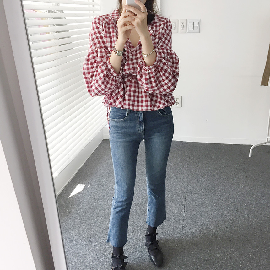 Women Blouses Check Shot Blouse V Neck Ruff Waist 