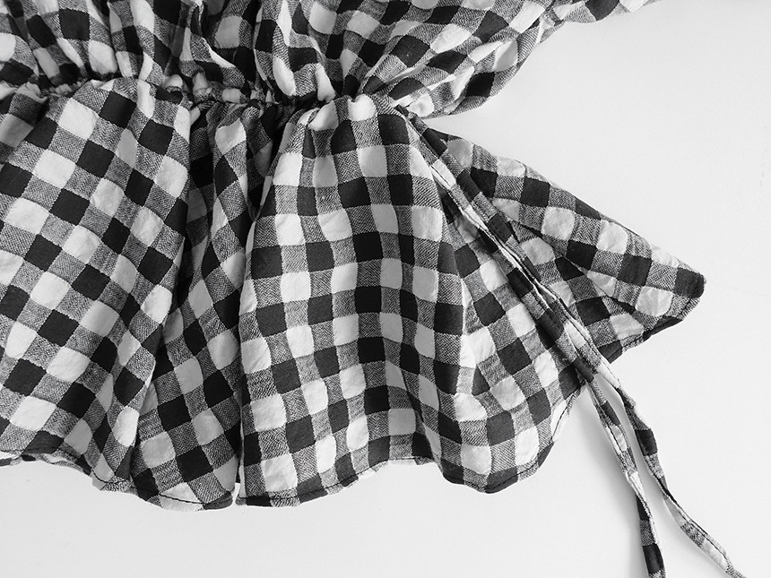 Women Blouses Check Shot Blouse V Neck Ruff Waist 