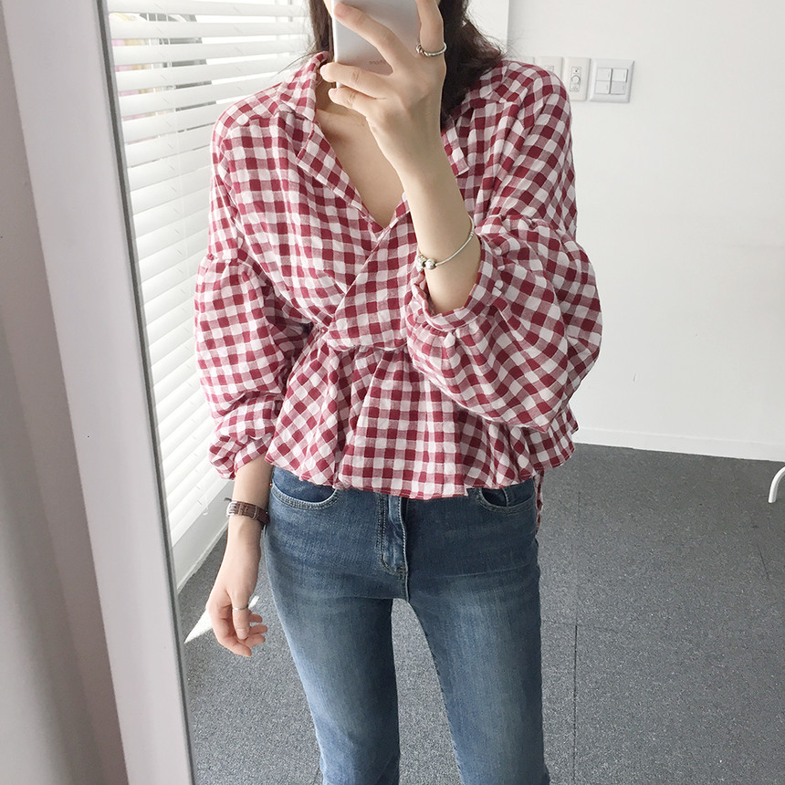 Women Blouses Check Shot Blouse V Neck Ruff Waist 