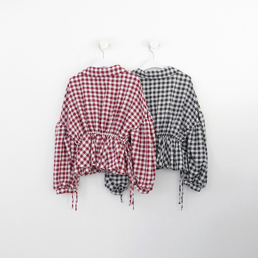 Women Blouses Check Shot Blouse V Neck Ruff Waist 