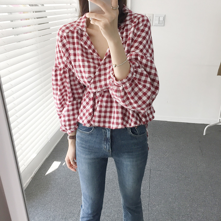 Women Blouses Check Shot Blouse V Neck Ruff Waist 