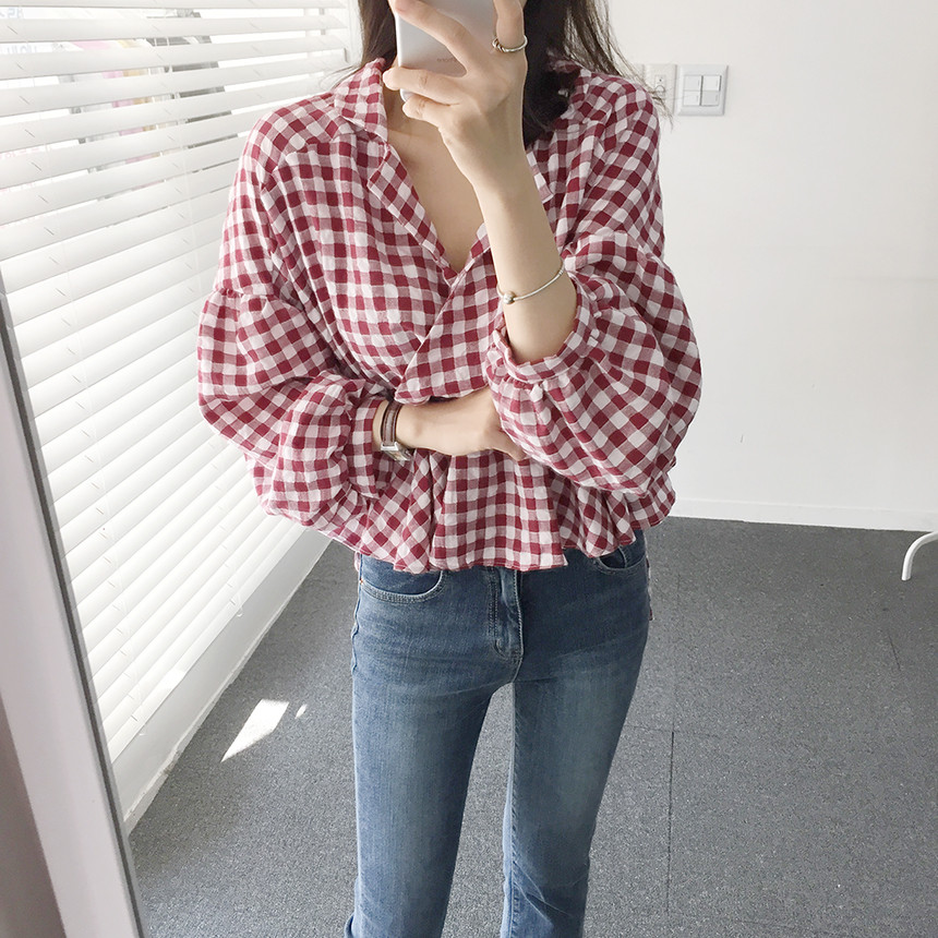 Women Blouses Check Shot Blouse V Neck Ruff Waist 