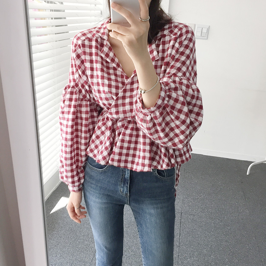 Women Blouses Check Shot Blouse V Neck Ruff Waist 