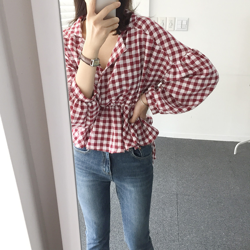 Women Blouses Check Shot Blouse V Neck Ruff Waist 
