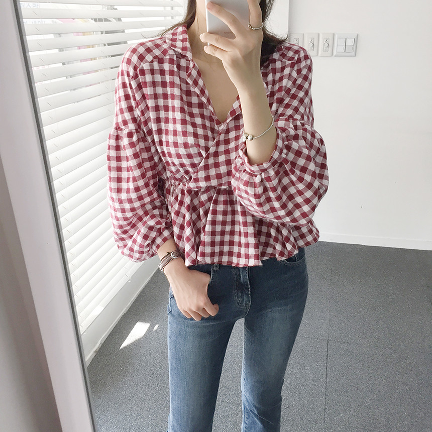 Women Blouses Check Shot Blouse V Neck Ruff Waist 