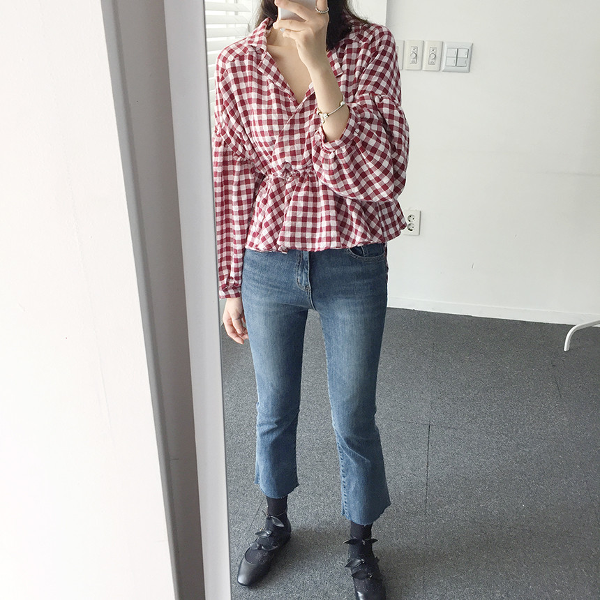 Women Blouses Check Shot Blouse V Neck Ruff Waist 
