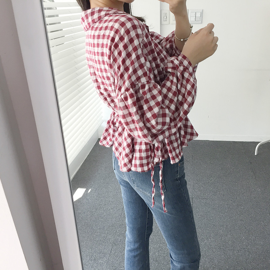 Women Blouses Check Shot Blouse V Neck Ruff Waist 