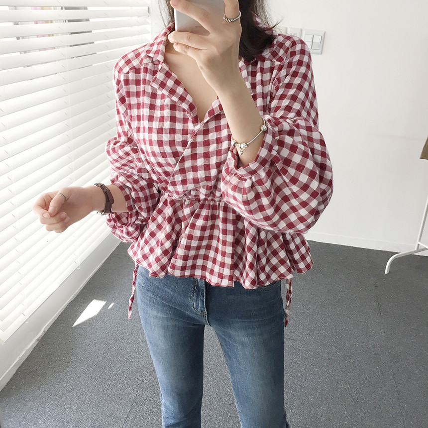 Women Blouses Check Shot Blouse V Neck Ruff Waist 