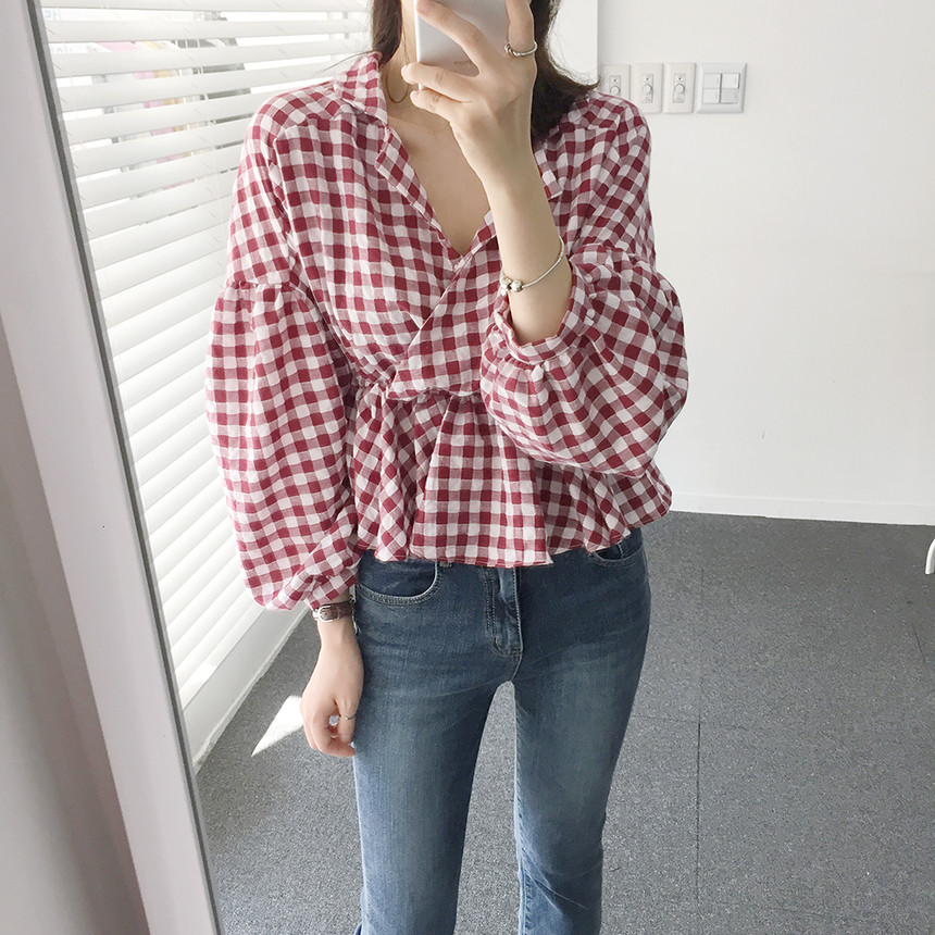 Women Blouses Check Shot Blouse V Neck Ruff Waist 