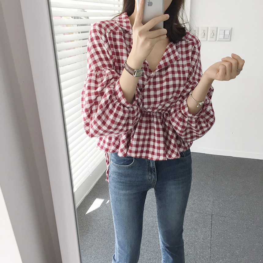 Women Blouses Check Shot Blouse V Neck Ruff Waist 