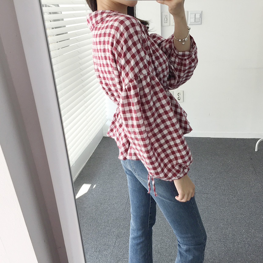 Women Blouses Check Shot Blouse V Neck Ruff Waist 