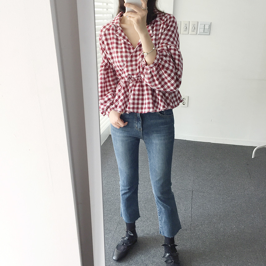 Women Blouses Check Shot Blouse V Neck Ruff Waist 
