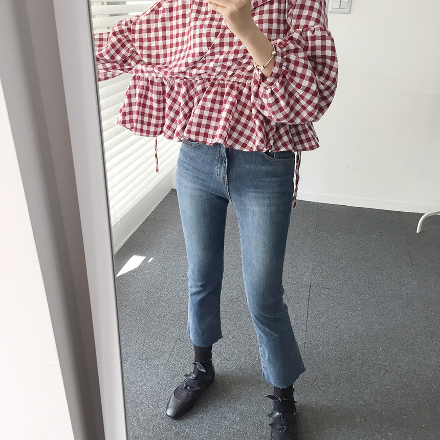 Women Blouses Check Shot Blouse V Neck Ruff Waist 