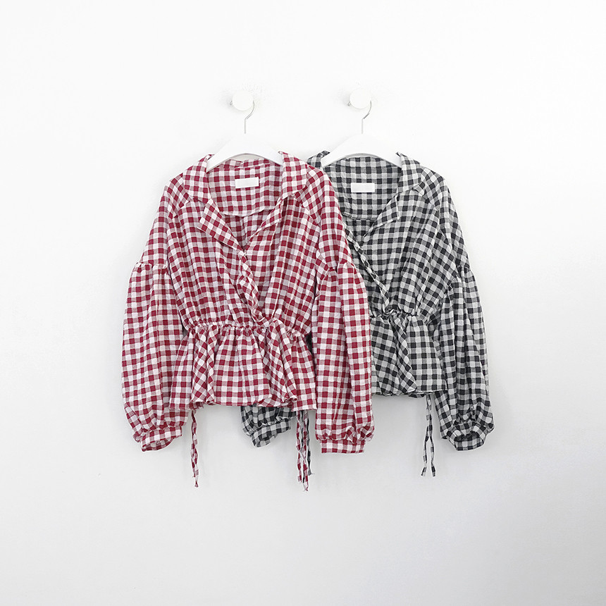 Women Blouses Check Shot Blouse V Neck Ruff Waist 