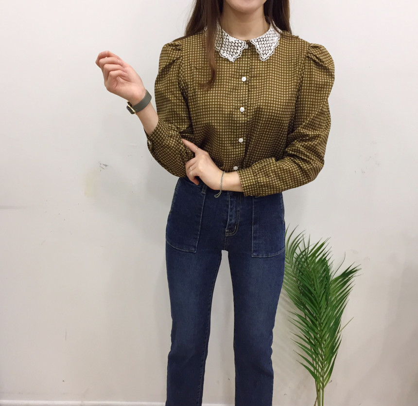 Women Blouses Lace collar check blouse Elegant one