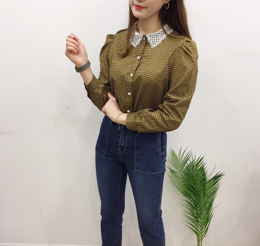 Women Blouses Lace collar check blouse Elegant one