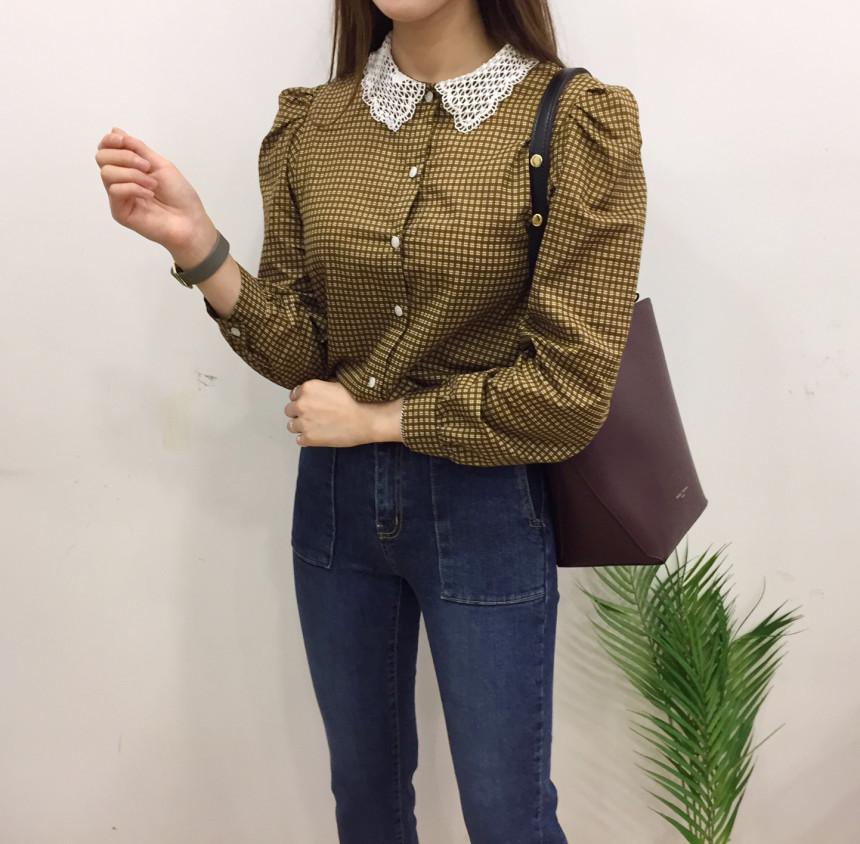 Women Blouses Lace collar check blouse Elegant one