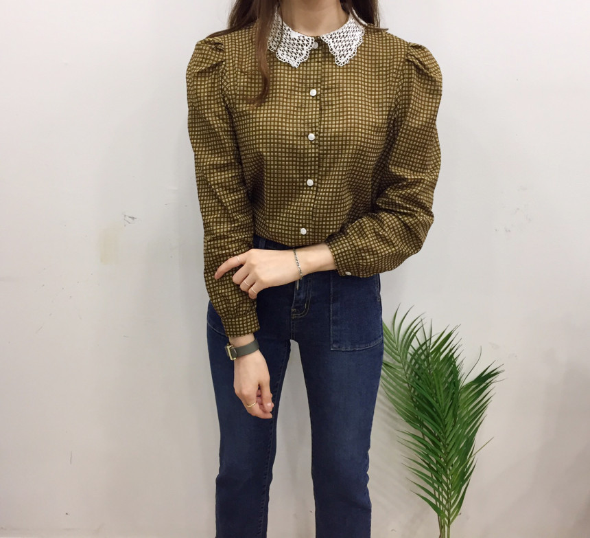 Women Blouses Lace collar check blouse Elegant one