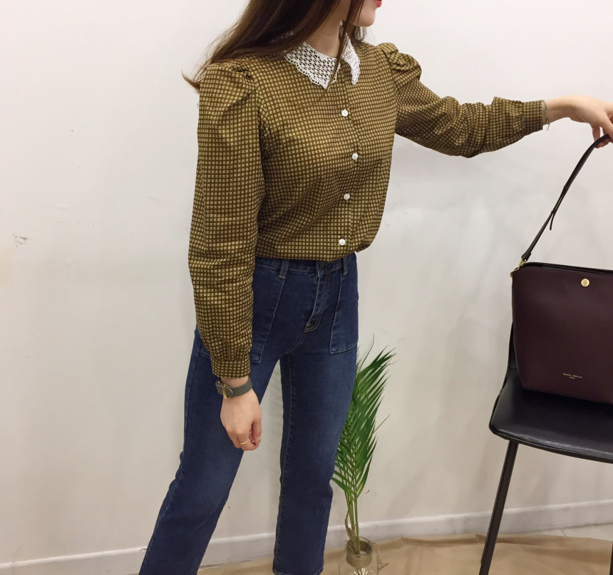 Women Blouses Lace collar check blouse Elegant one
